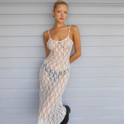 시선 Mesh Halter 드레스 작은 플룸 꽃 등이 없는 긴 셔츠를 통해 보기