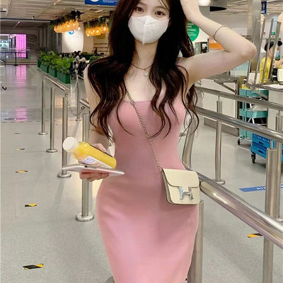 스타일리시 섹시한 슬리프 드레스 달콤한 매운 슬림 피트 분홍색 탱크 톱 드레스袖없는
