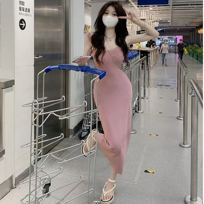 스타일리시 섹시한 슬리프 드레스 달콤한 매운 슬림 피트 분홍색 탱크 톱 드레스袖없는