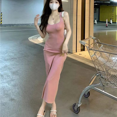 스타일리시 섹시한 슬리프 드레스 달콤한 매운 슬림 피트 분홍색 탱크 톱 드레스袖없는