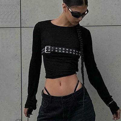 패션 스파이스 섹시한 긴 티셔츠 둥근 목 슬림 긴袖 티셔츠 단단한 패턴