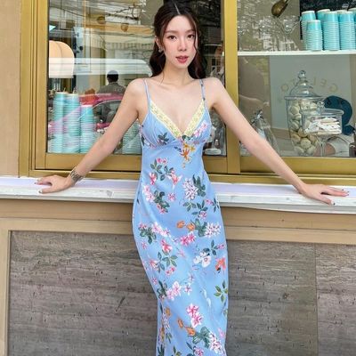 여름의 새로운 패션 프린트 섹시한 등이 없는 蕾丝 밧줄 드레스