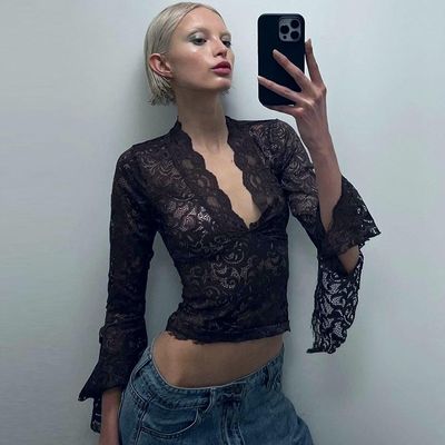 새 섹시한 심 V 슬림 피트 모든 것이 짧은 작물 주문 蕾丝 장갑 Spice Girl 스타일 蕾丝 상위