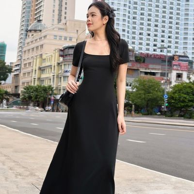 패션 스트리트 사진 슬림 솔리드 컬러 U - 목 단팔 드레스