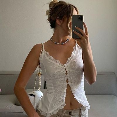 여자 스타일 미국 스파이스 소녀 蕾丝 蕾丝 섹시한 V-neck cardigan buckle halter 작은 자켓 상위