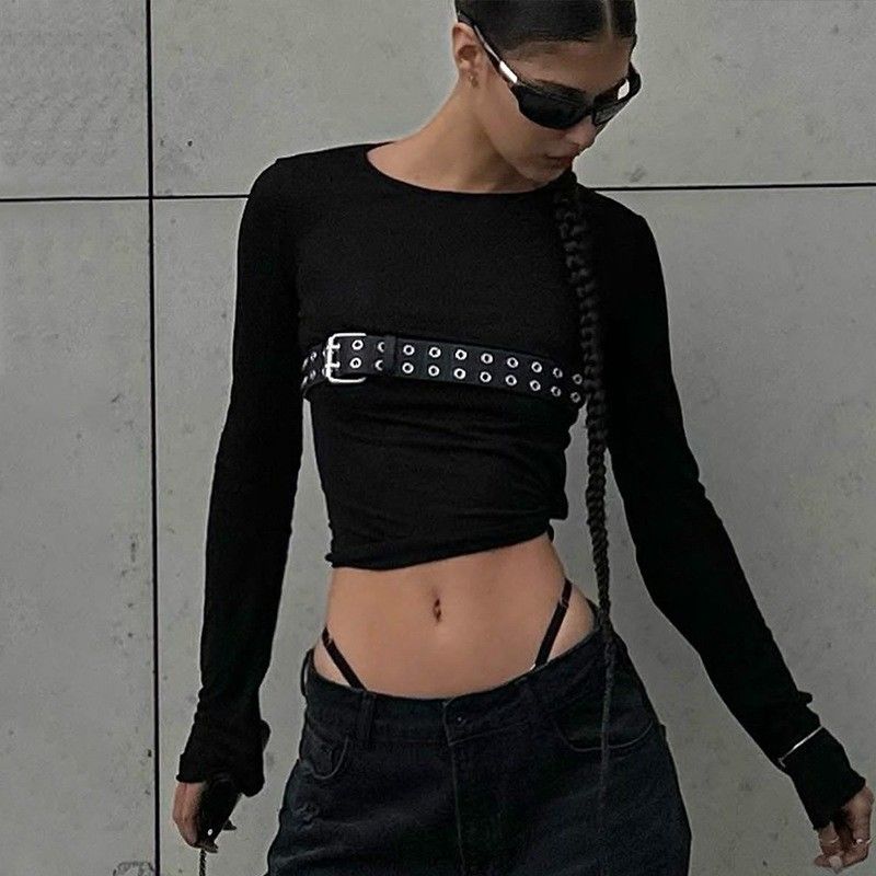 패션 스파이스 섹시한 긴 티셔츠 둥근 목 슬림 긴袖 티셔츠 단단한 패턴